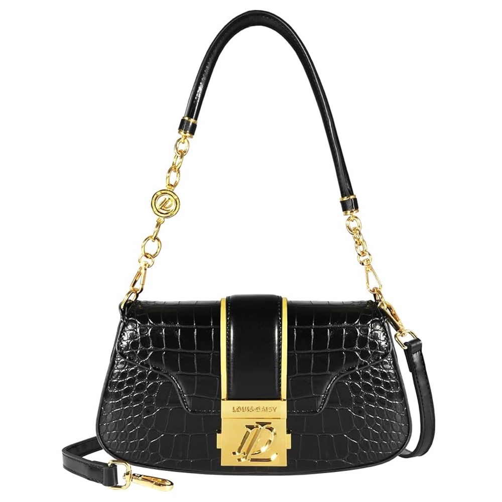 Louis-Day Black Crocodile Shoulder Bag with Gold Accents